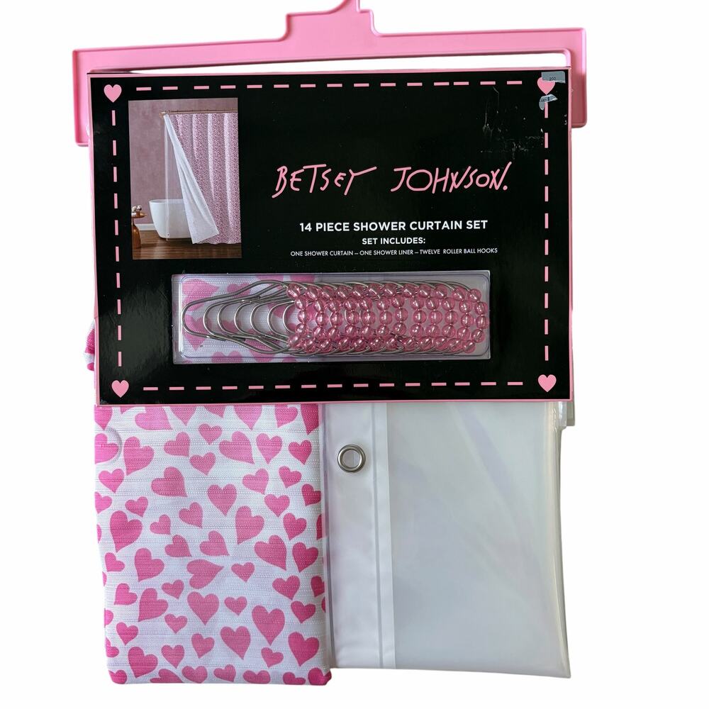 14pc Betsey Johnson Pink HEARTS Shower Curtain Hooks Liner Set 72x72 Valentine